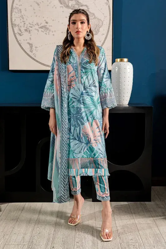 Nureh Printed Lawn 24 Sky Blue Chiffon – view 1 – Poshaq