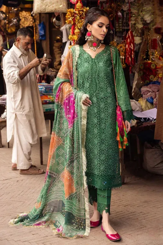Nureh Bazaar Lawn Chikankari 24 Green Chiffon – view 1 – Poshaq