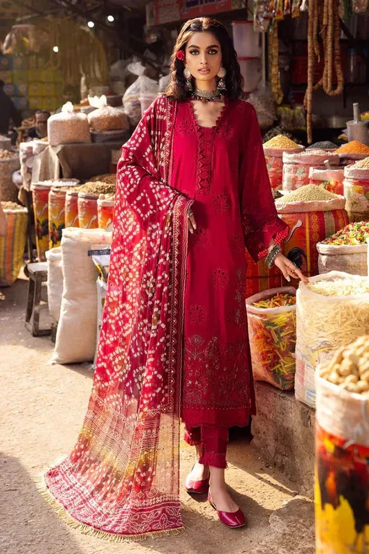 Nureh Bazaar Lawn Chikankari 24 Red Chiffon – view 1 – Poshaq