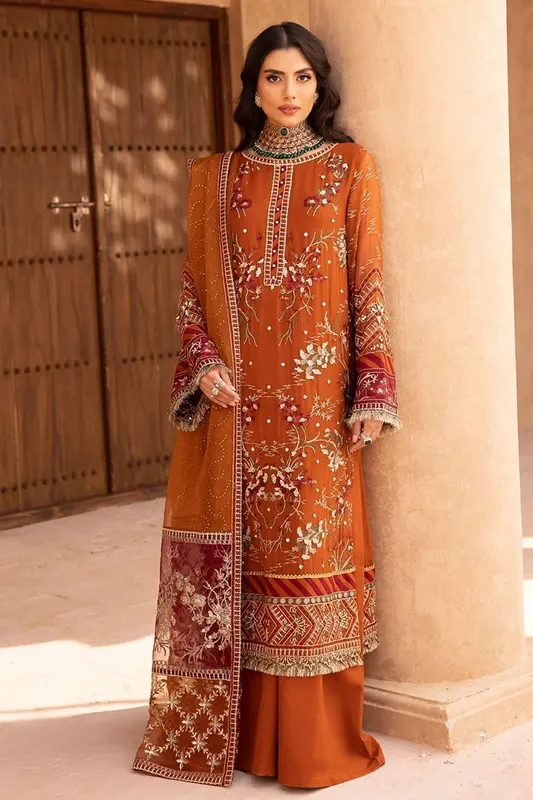 Nureh Embroidered Luxury Chiffon Rust Raw Silk – view 1 – Poshaq