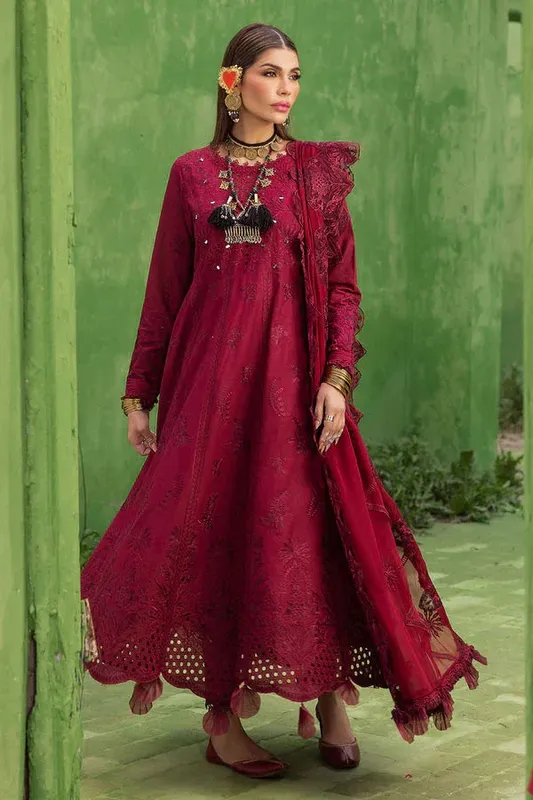 Nureh Mela Luxury Lawn Maroon Organza – view 1 – Poshaq