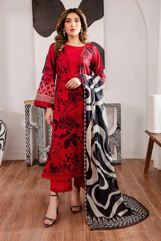 Nureh Printed Lawn Red Chiffon – view 1 – Poshaq