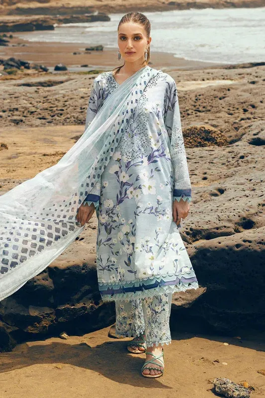 blue luxury long chiffon and lawn shirt with chikankari detailing – view 1 – Poshaq