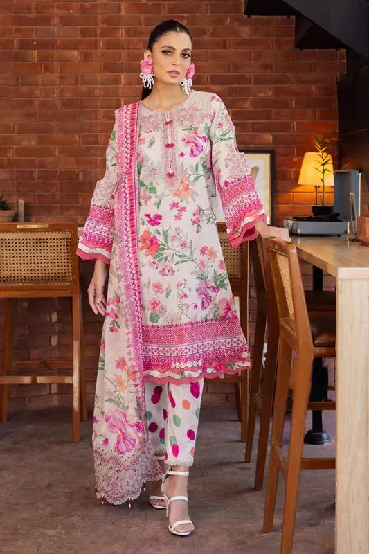 White chiffon lawn shirt with chikankari embroidery and matching trousers – view 1 – Poshaq