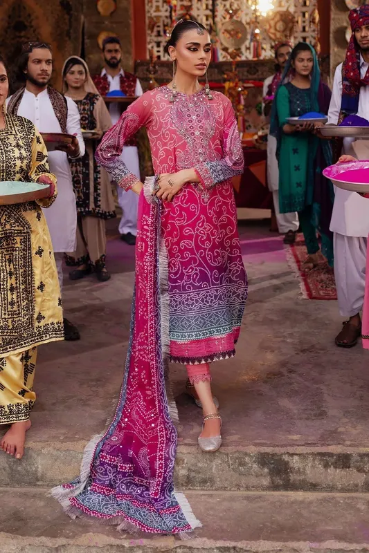 Nureh Bazaar Lawn Pink Chiffon – view 1 – Poshaq