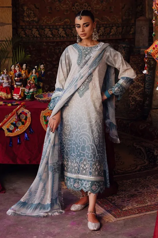 Nureh Bazaar Lawn Grey Chiffon – view 1 – Poshaq