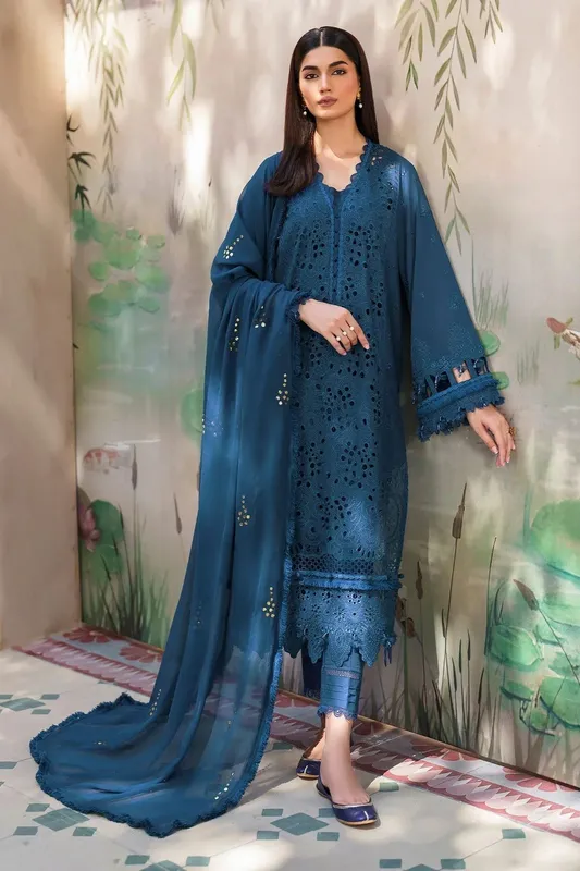Nureh Bazaar Lawn Teal Chiffon – view 1 – Poshaq