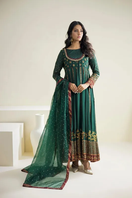 Farhat Jahan Luxury Pret Green Cotton Silk – view 1 – Poshaq