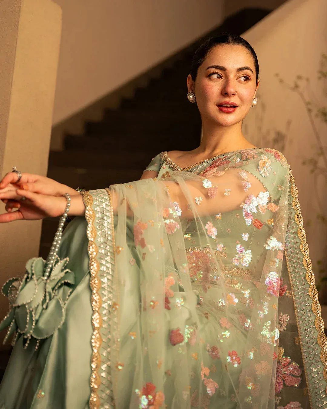 Faiza Saqlain Reina Luxe Green Silk – view 3 – Poshaq