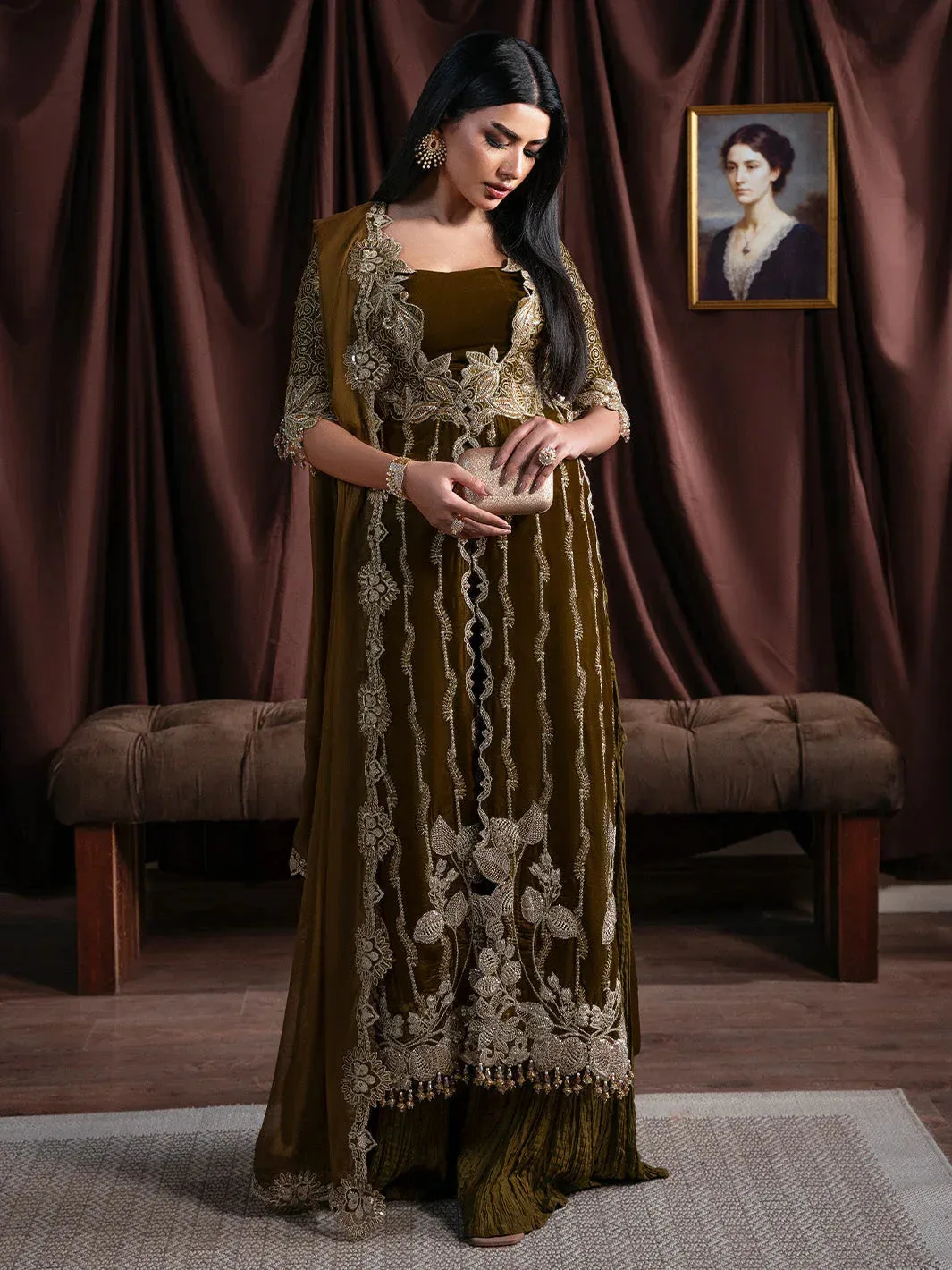 Faiza Faisal Solene Luxury Velvets Dull Brown Raw Silk – view 1 – Poshaq