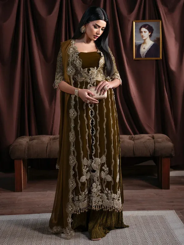 Faiza Faisal Solene Luxury Velvets Dull Brown Raw Silk – view 1 – Poshaq