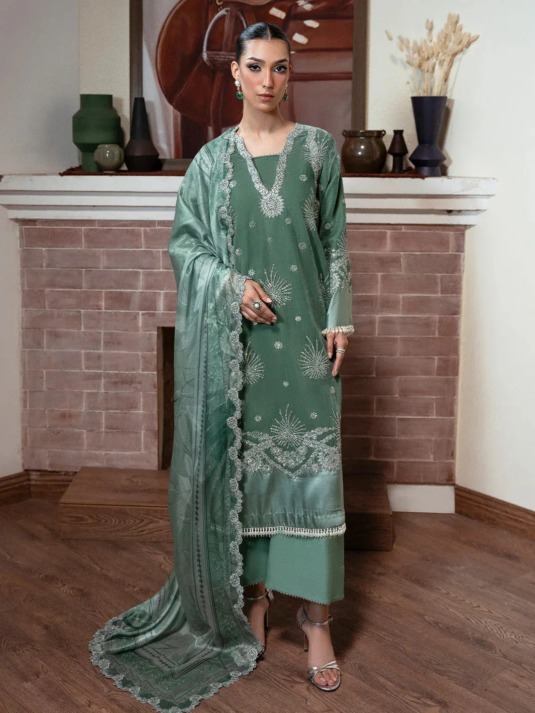 Faiza Faisal Solene Luxury Velvets Green Blue Raw Silk – view 1 – Poshaq