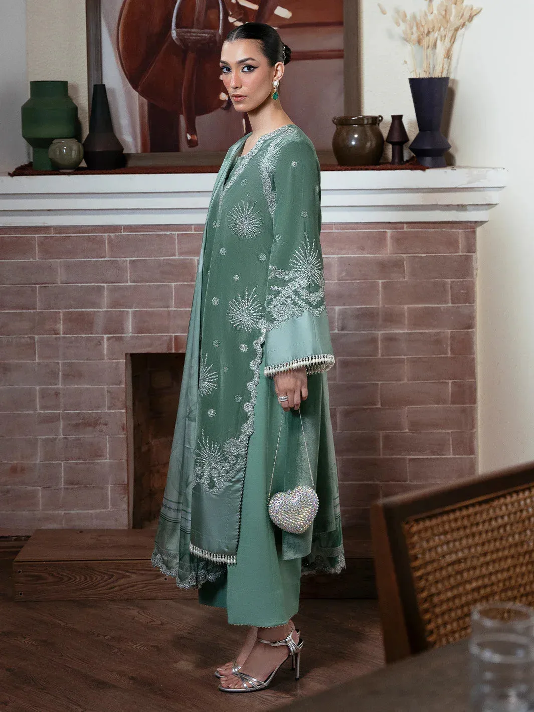 Faiza Faisal Solene Luxury Velvets Green Blue Raw Silk – view 3 – Poshaq