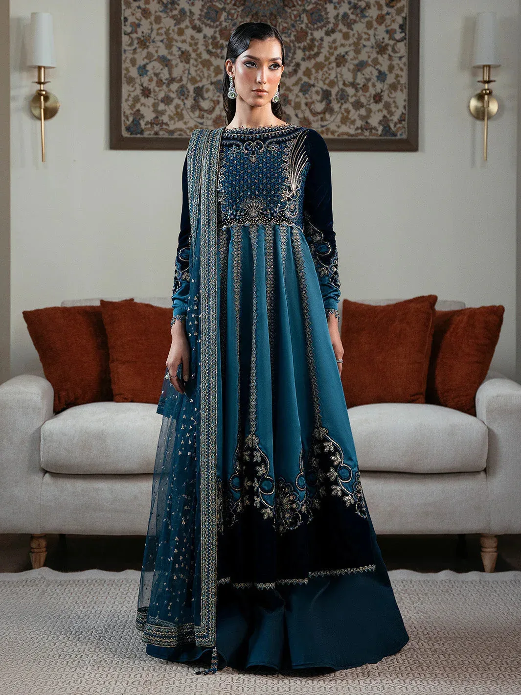 Faiza Faisal Solene Luxury Velvets Teal Blue Raw Silk – view 1 – Poshaq