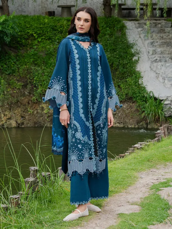 Faiza Faisal Dastaan Khaddar 25 Teal Blue Organza – view 1 – Poshaq