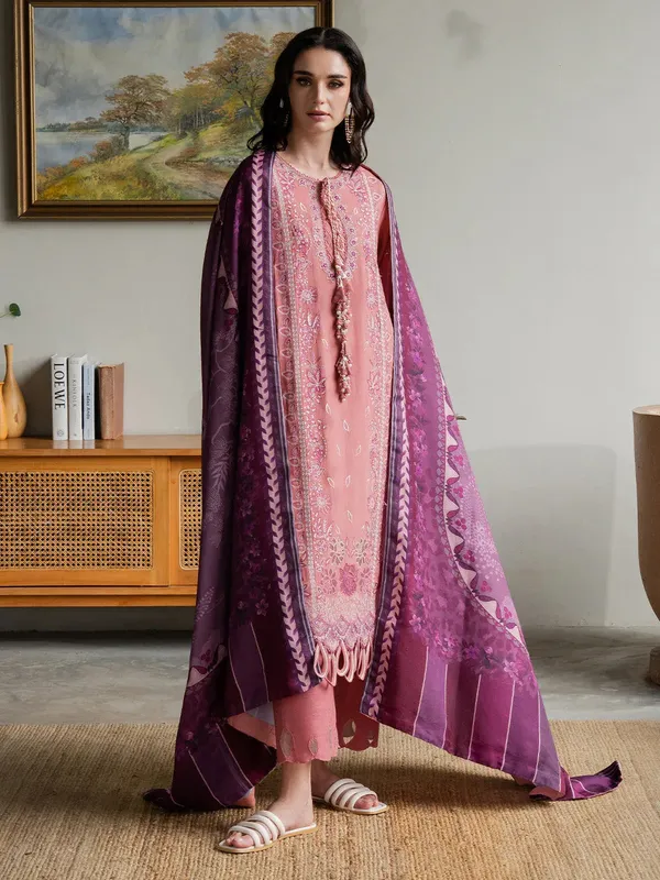 Faiza Faisal Dastaan Khaddar 25 light peach pink Organza – view 1 – Poshaq