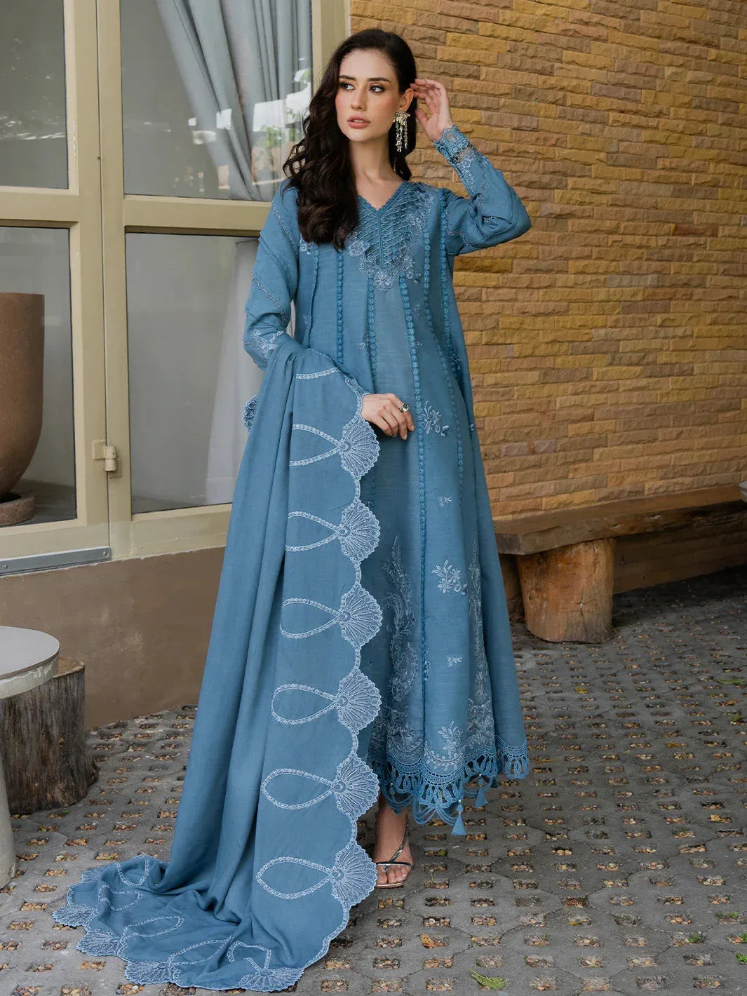 Faiza Faisal Dastaan Khaddar 25 Blue Gray Organza – view 1 – Poshaq