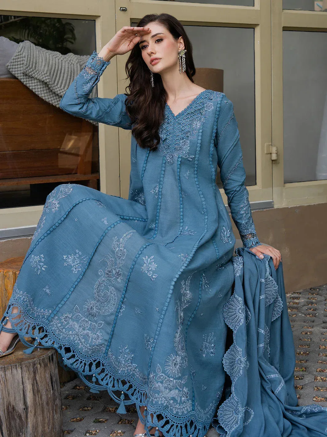 Faiza Faisal Dastaan Khaddar 25 Blue Gray Organza – view 7 – Poshaq