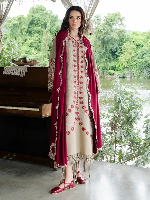 Faiza Faisal Dastaan Khaddar 25 Pale Brown Organza – view 1 – Poshaq