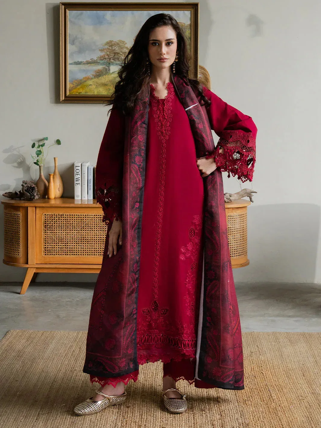 Faiza Faisal Dastaan Khaddar 25 Deep Red Organza – view 1 – Poshaq