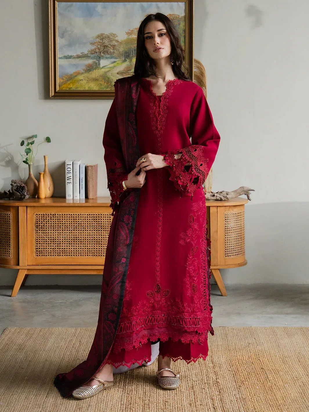 Faiza Faisal Dastaan Khaddar 25 Deep Red Organza – view 10 – Poshaq