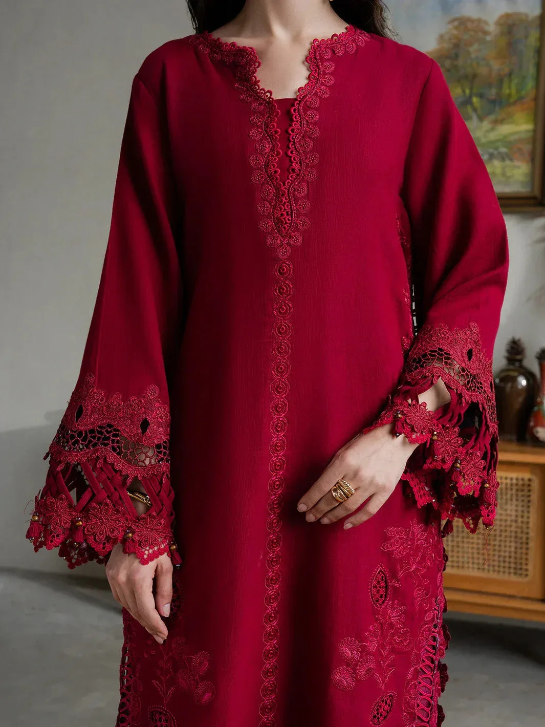 Faiza Faisal Dastaan Khaddar 25 Deep Red Organza – view 4 – Poshaq