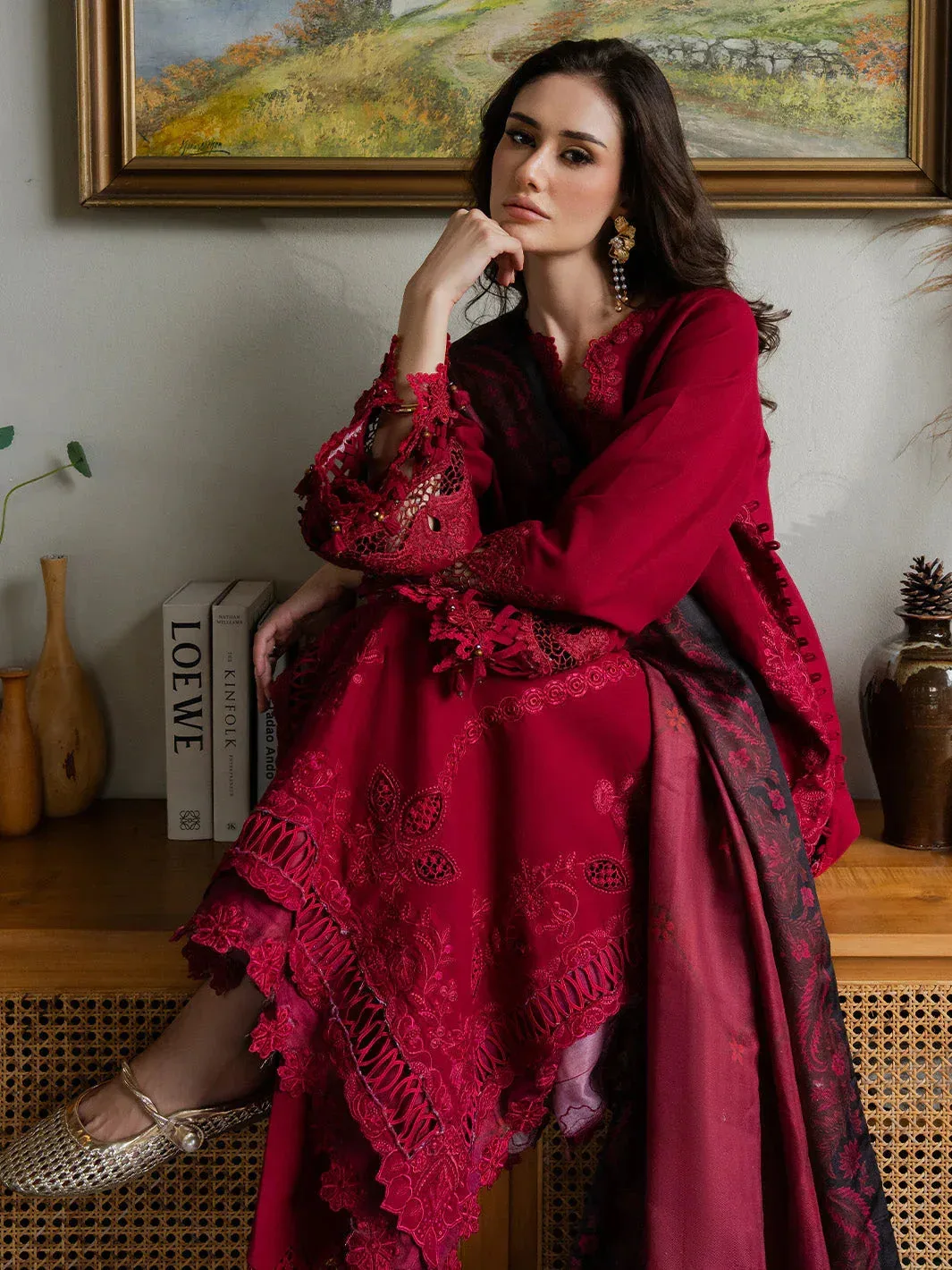 Faiza Faisal Dastaan Khaddar 25 Deep Red Organza – view 7 – Poshaq