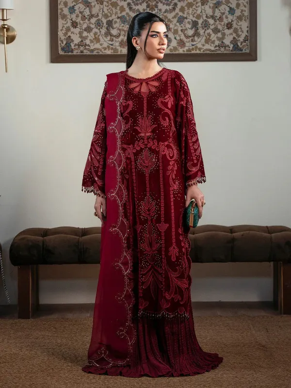 Faiza Faisal Solene Luxury Velvets Maroon Raw Silk – view 1 – Poshaq