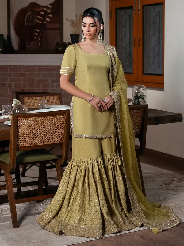 Faiza Faisal Zareen Luxury Formals Mehndi Green Raw Silk – view 1 – Poshaq