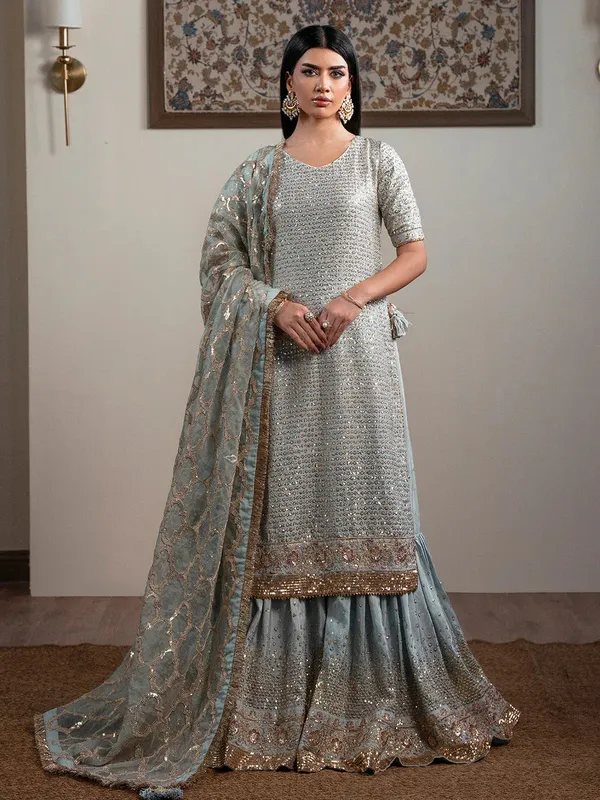 Faiza Faisal Zareen Luxury Formals Grey Raw Silk – view 1 – Poshaq