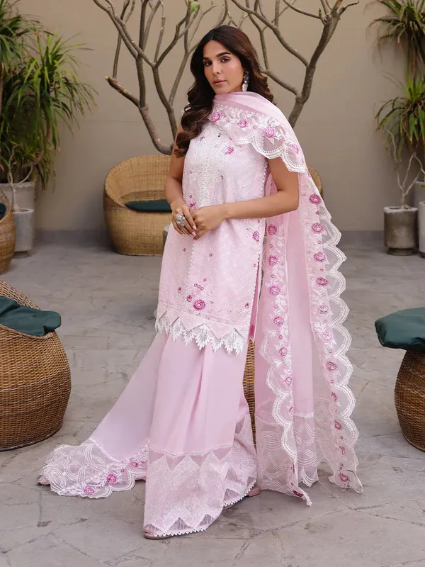 Faiza Faisal Marine Luxury Lawn 25 Rose Pink Organza – view 1 – Poshaq