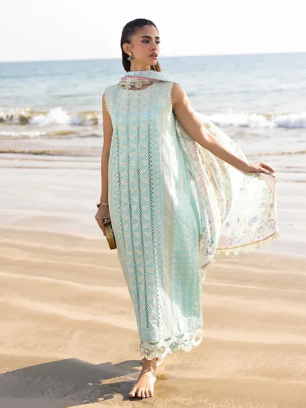 Faiza Faisal Marine Luxury Lawn 25 Light Ferozi Organza – view 1 – Poshaq