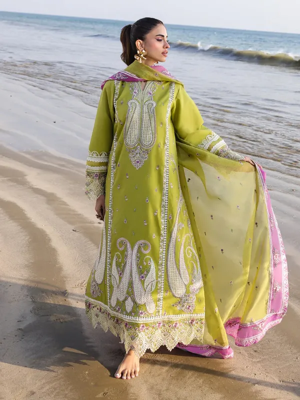 Faiza Faisal Marine Luxury Lawn 25 Parrot Green Organza – view 1 – Poshaq