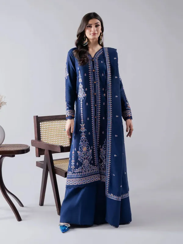Faiza Faisal Winter Edit 2024 Navy Blue Karandi – view 1 – Poshaq