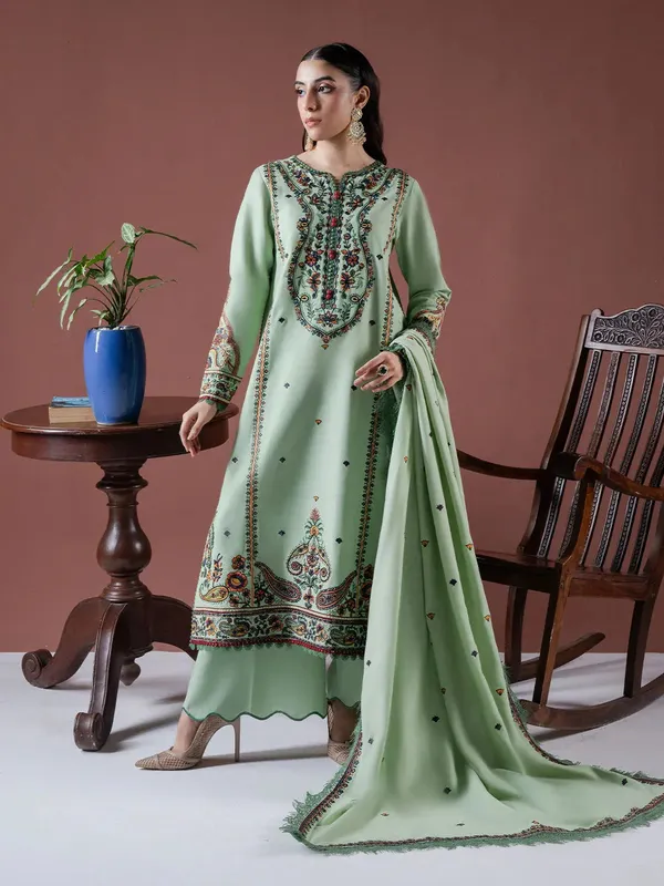 Faiza Faisal Winter Edit 2024 Pistachio Green Karandi – view 1 – Poshaq