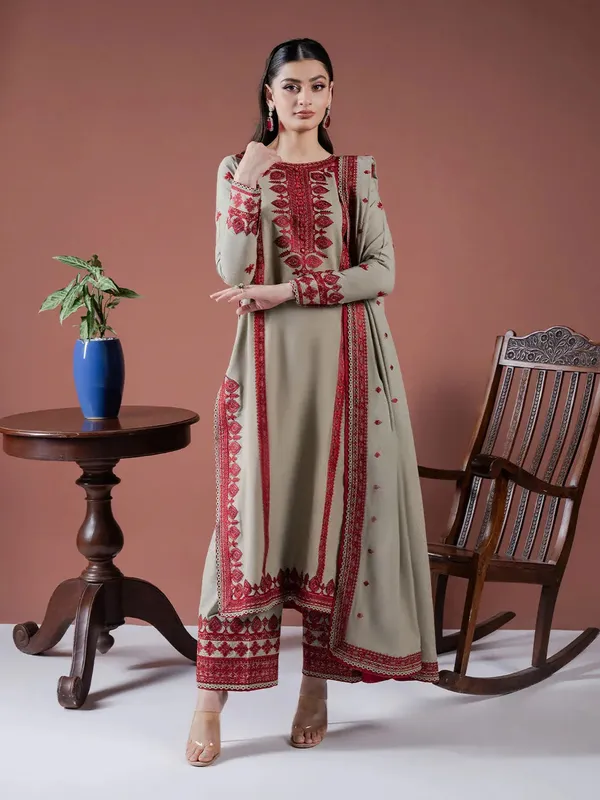 Faiza Faisal Winter Edit 2024 Olive Green Karandi – view 1 – Poshaq