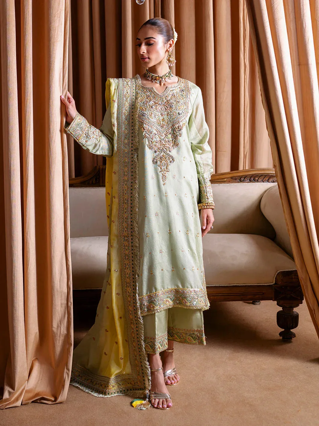 Faiza Faisal Rema Wedding Formals 24 Mint Green Raw Silk – view 1 – Poshaq