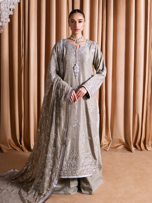 Faiza Faisal Rema Wedding Formals 24 Grey Raw Silk – view 1 – Poshaq