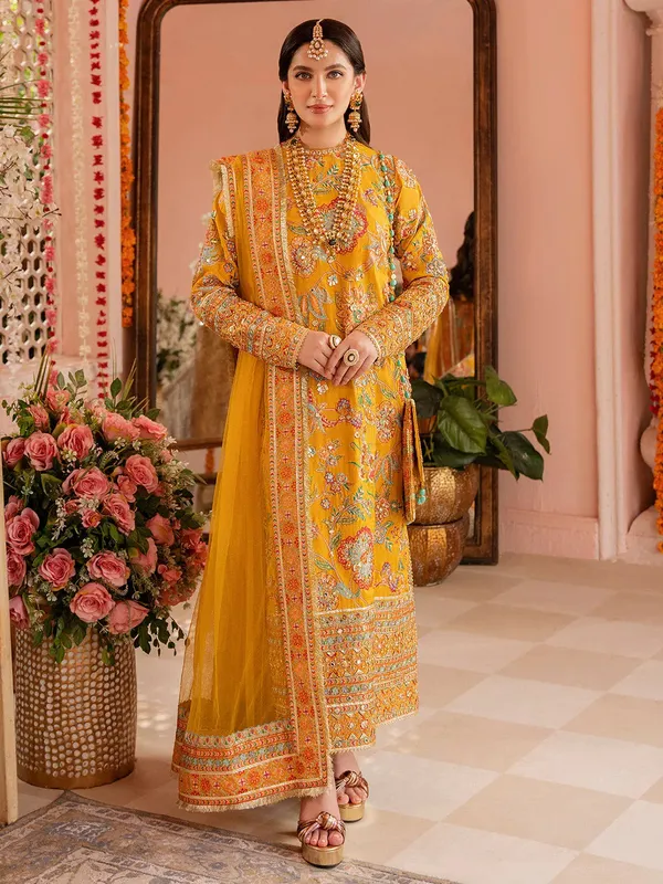 Faiza Faisal Heeriye Luxury Formals Mustard Raw Silk – view 1 – Poshaq