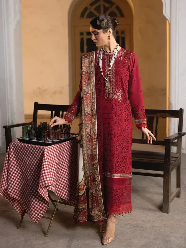 Faiza Faisal Maya Luxury Lawn Maroon Organza – view 1 – Poshaq