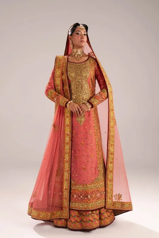 Fahad Hussayn Mutanjan Bridals Coral Net – view 1 – Poshaq