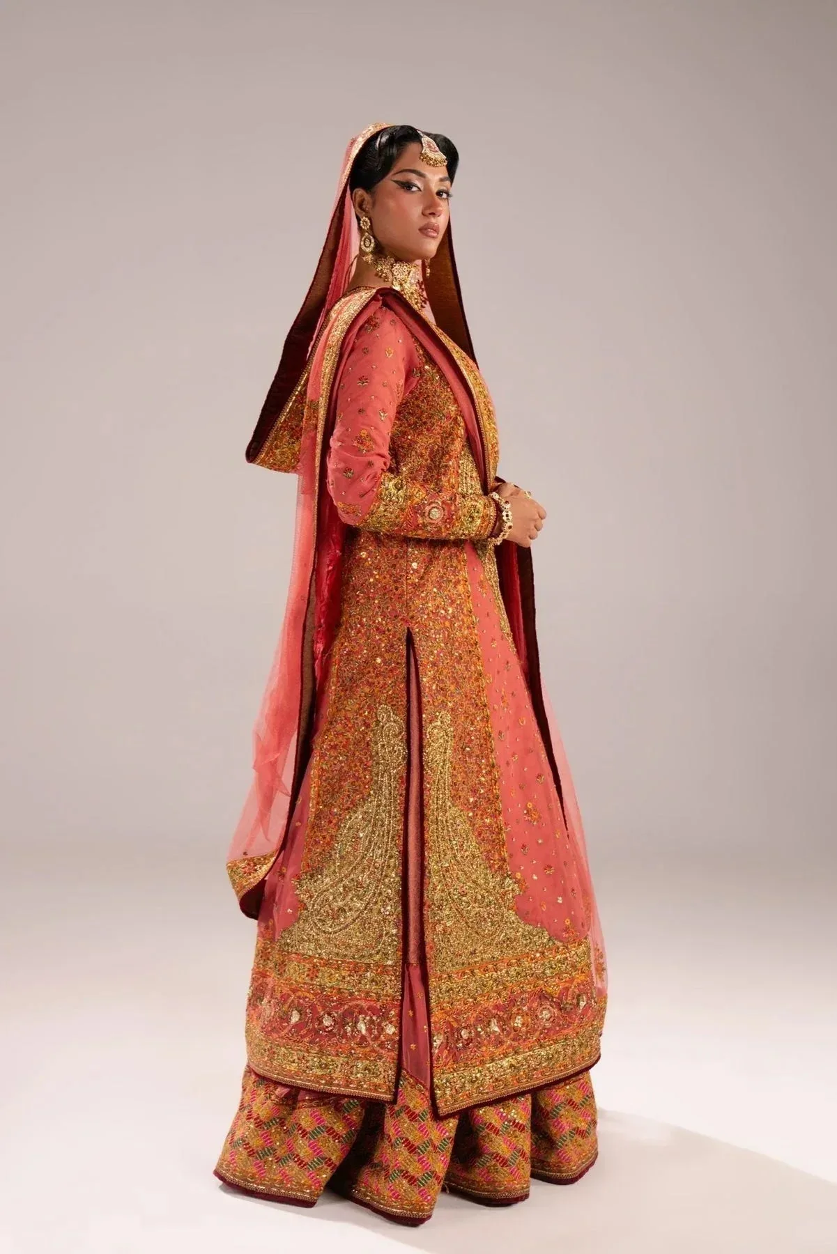 Fahad Hussayn Mutanjan Bridals Coral Net – view 2 – Poshaq
