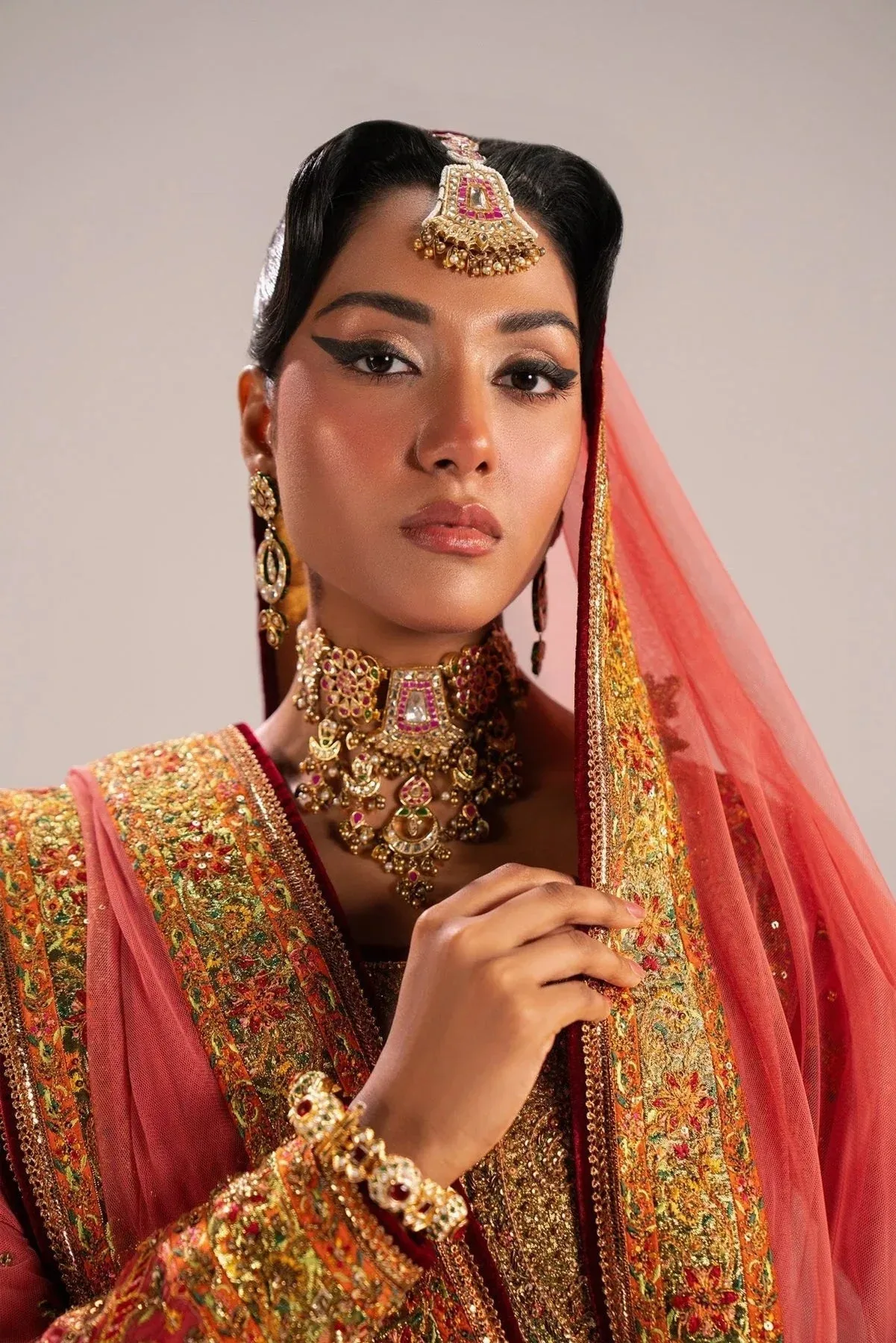 Fahad Hussayn Mutanjan Bridals Coral Net – view 3 – Poshaq