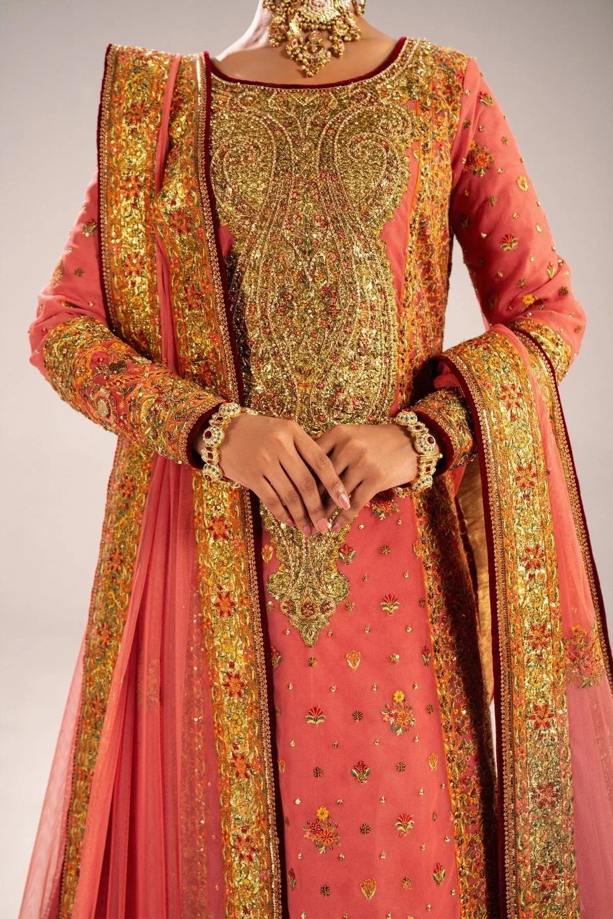 Fahad Hussayn Mutanjan Bridals Coral Net – view 4 – Poshaq