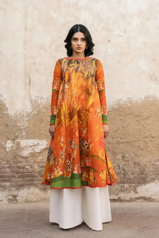 Fahad Hussayn Lawn Banger Orange Lawn – view 1 – Poshaq