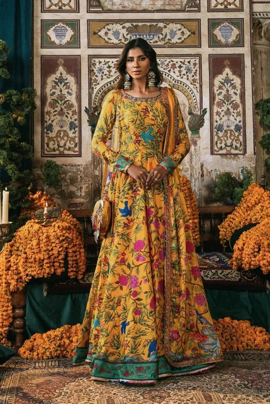 Fahad Hussayn Lawn Banger Mustard Yellow Satin – view 1 – Poshaq