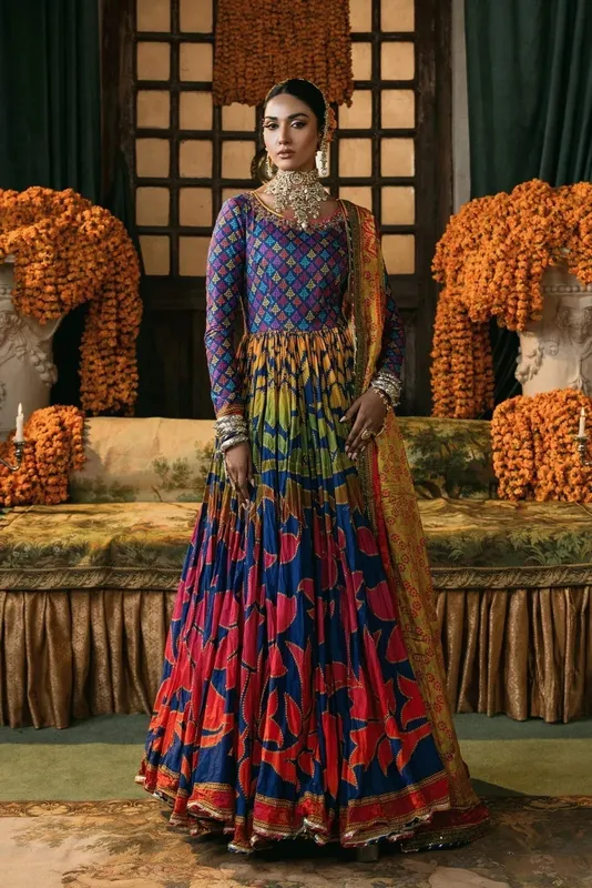 Fahad Hussayn Lawn Banger Blue Satin – view 1 – Poshaq