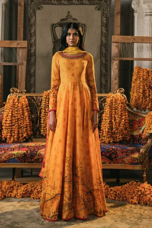 Fahad Hussayn Lawn Banger Orange Satin – view 1 – Poshaq