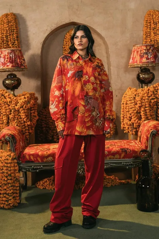 Fahad Hussayn Lawn Banger Red Lawn – view 1 – Poshaq