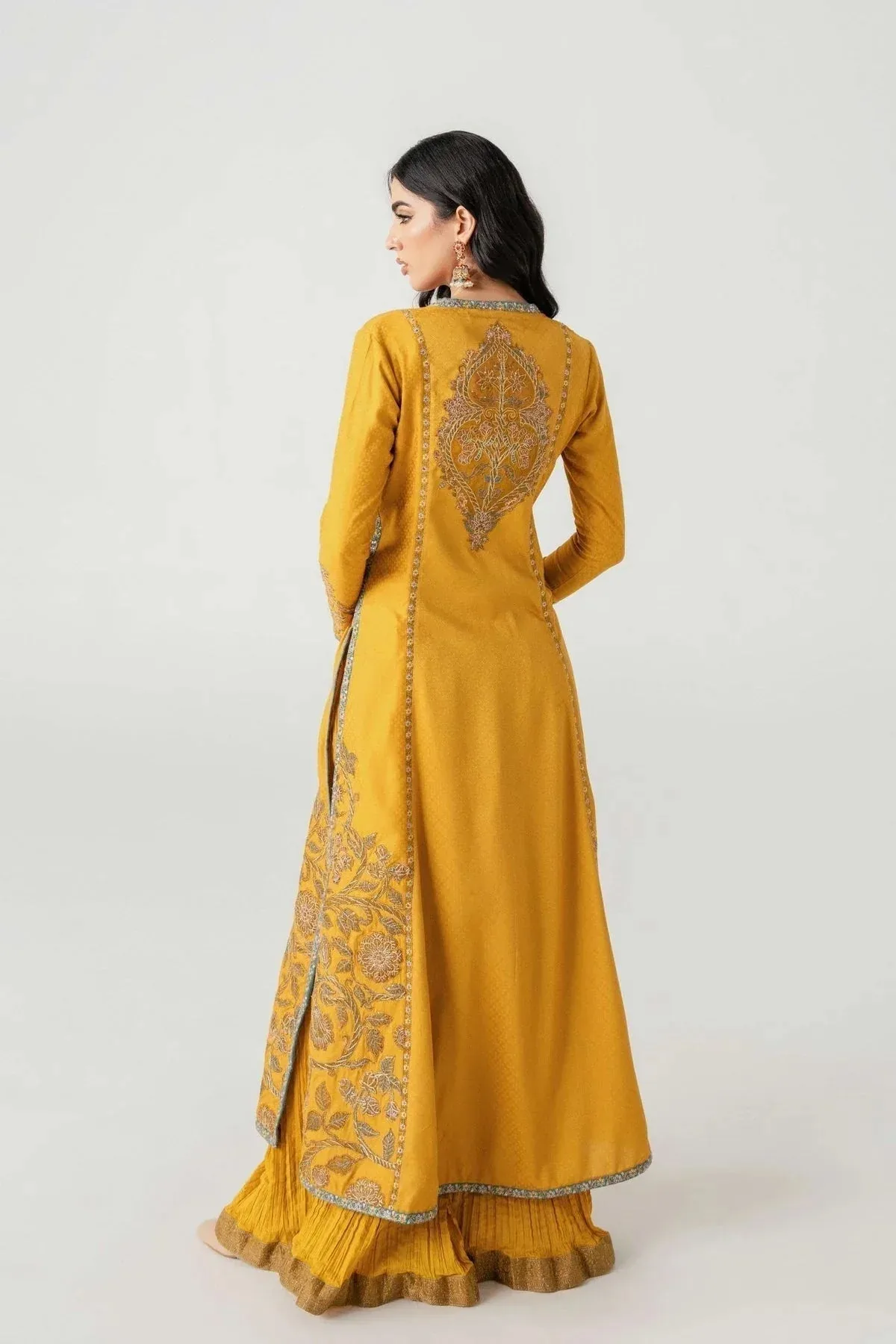 Fahad Hussayn Jalsa Ghar Mustard Yellow Banarsi – view 2 – Poshaq